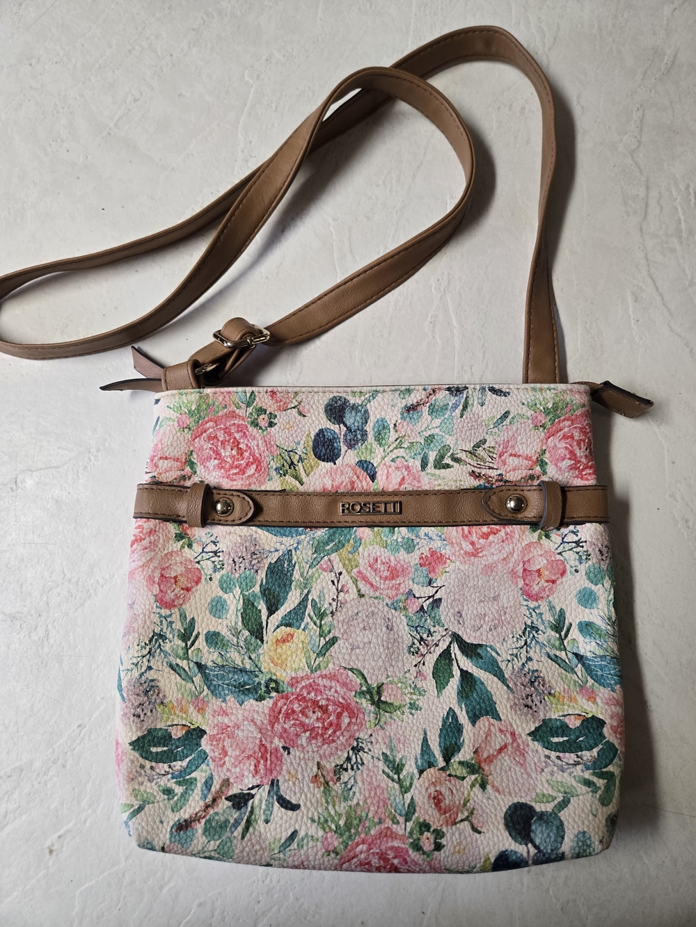 Rosetti Pink Floral Crossbody with Tan Strap